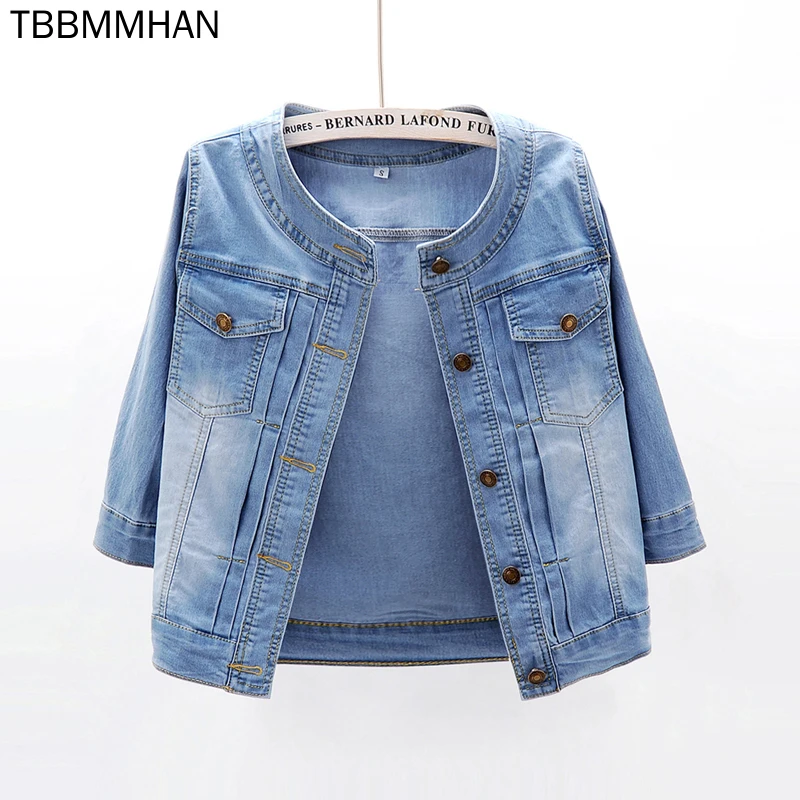 

Женская короткая джинсовая куртка, Повседневная Эластичная джинсовая куртка для девочек с круглым вырезом и рукавом до локтя, облегающие д...