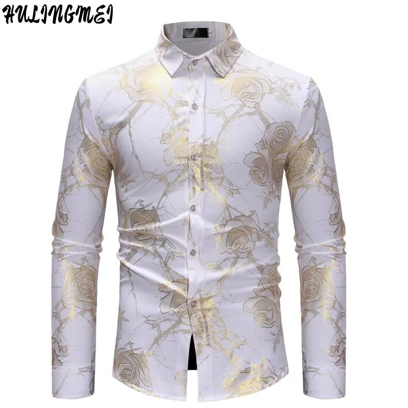 

Рубашка мужская демисезонная с золотым бронзовым принтом, деловая Повседневная с длинным рукавом, для свадьбы, вечеринки