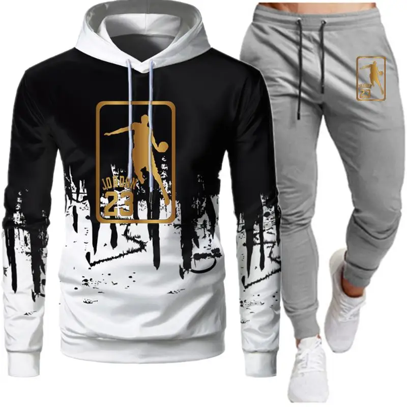 

White Black Men Hoodies Set Fashion 2020 Autumn Brand Casual Tracksuit Mens Set Sports Two Piece Patchwork Hoodie Pant Male Suit