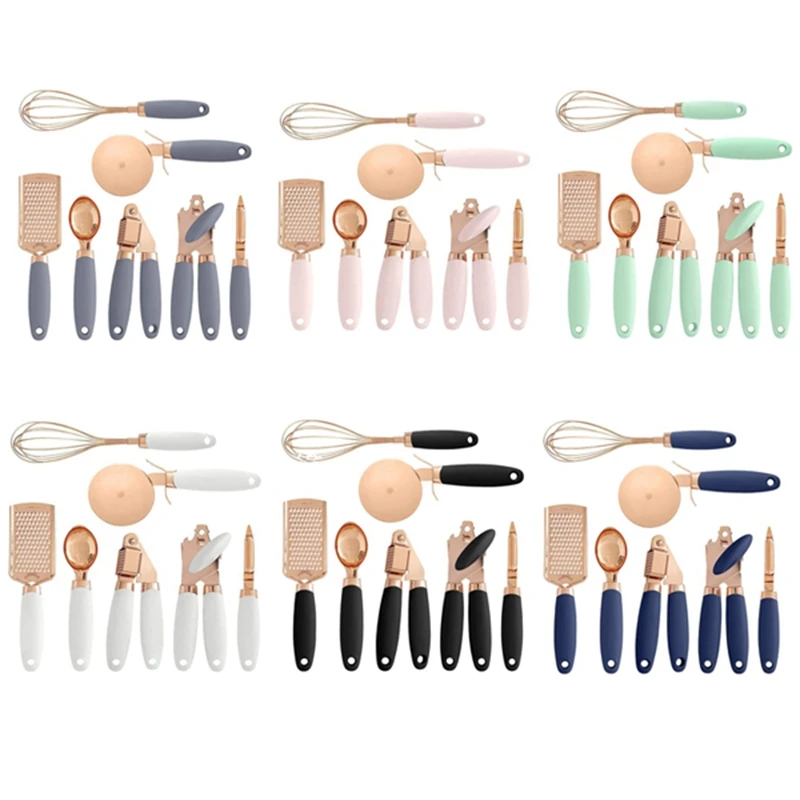 

7Pcs Kitchen Gadget Set Kitchen Tools with Soft Handle Garlic Press Vegetable Peeler Pizza Cutter Ice Cream Spoon
