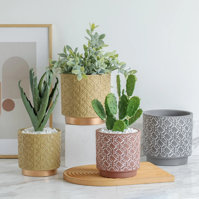 

Nordic Ins Round Vine Woven Pattern Cement Flower Pot Creative Gardening Succulent Plant Potted Plant Home Balcony Decoration