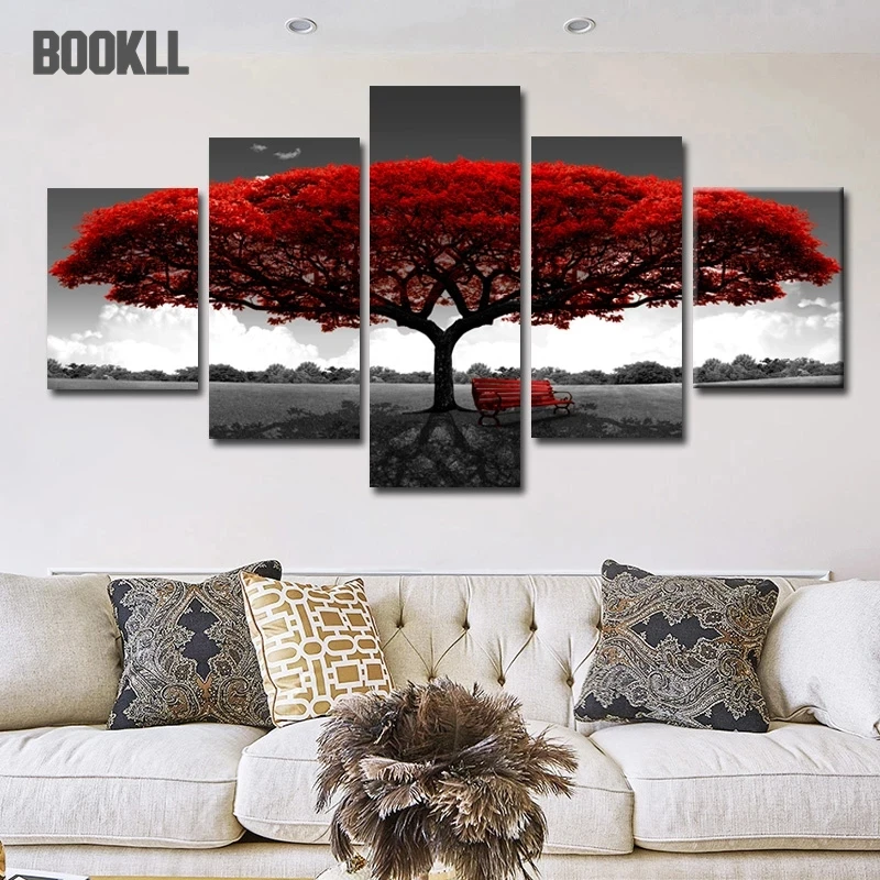 

5 Panels Abstract Red Tree Oil Paintings Print On Canvas Posters And Prints Landscape Wall Art Pictures Home Wall Decor No Frame