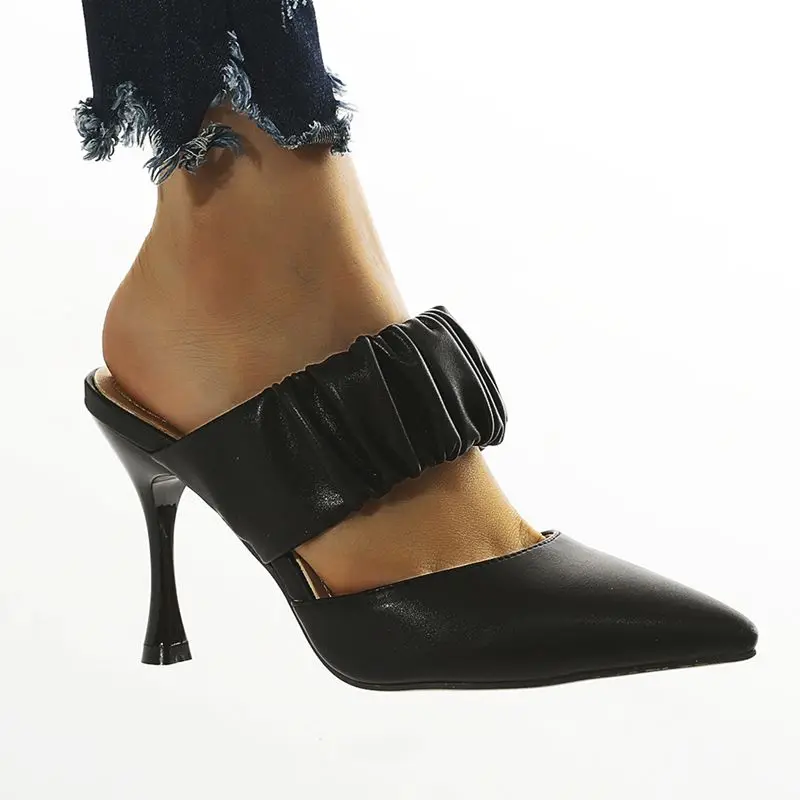 

Black Mules Shoes Women Pumps Wrinkle Pointed Toed High Heels Leather Shoes Ladies Nightclub Party Sandals Woman 2020 New Summer