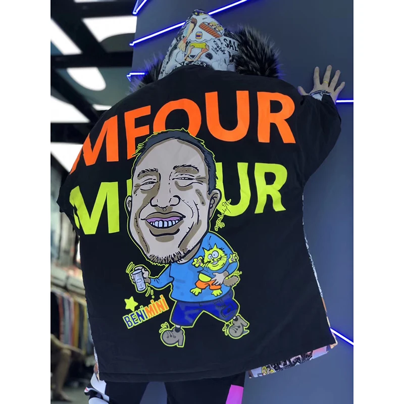 Парка мужская зимняя с меховым капюшоном смешная мультяшная уличная одежда в