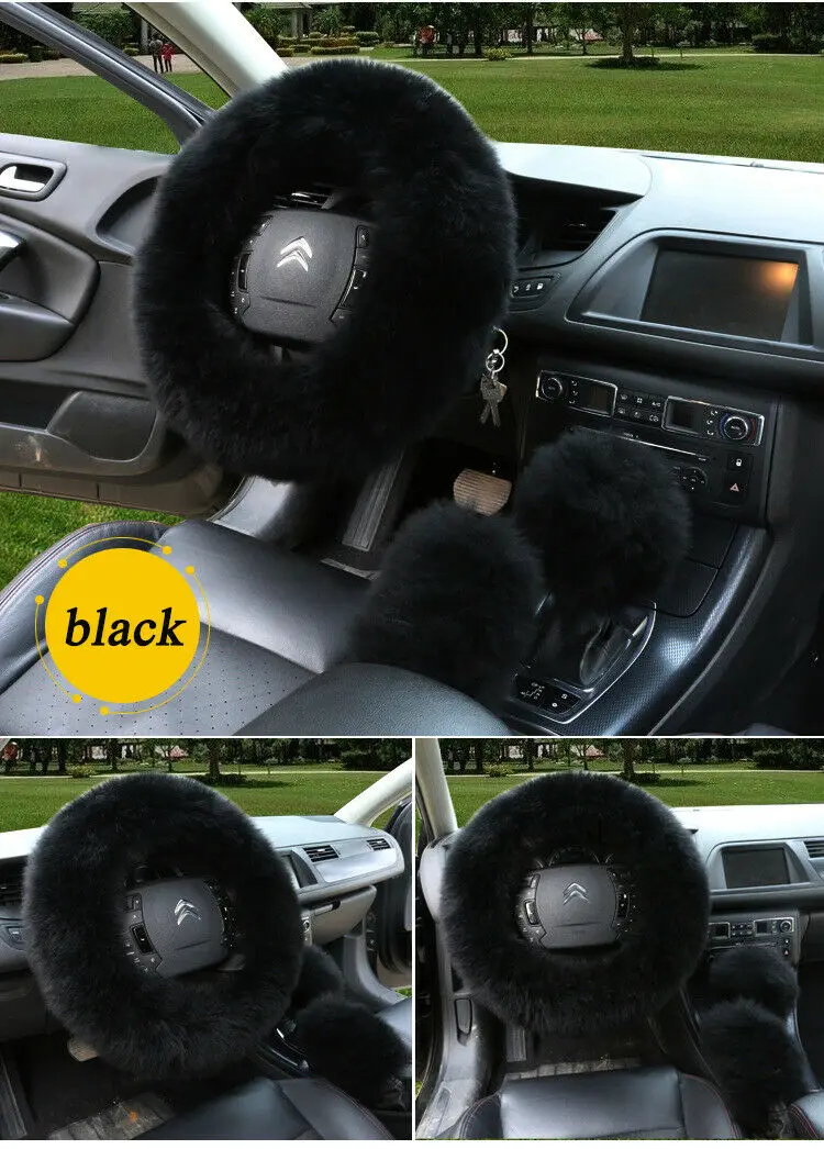 

3PCS Real Fur Australian Wool Steering Wheel Cover Furry Fluffy Car Accessory