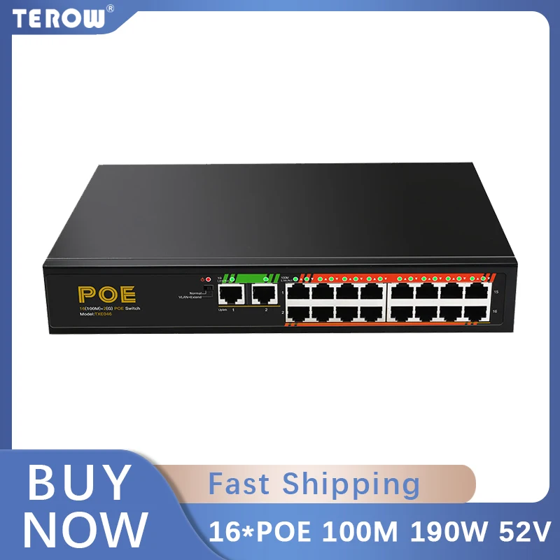 16-POE100M +2-UPlink  POE Switch With Internal Power/Lightning Protection /VLAN Isolation 52V 190W 3.85A IEEE 802.3af/at