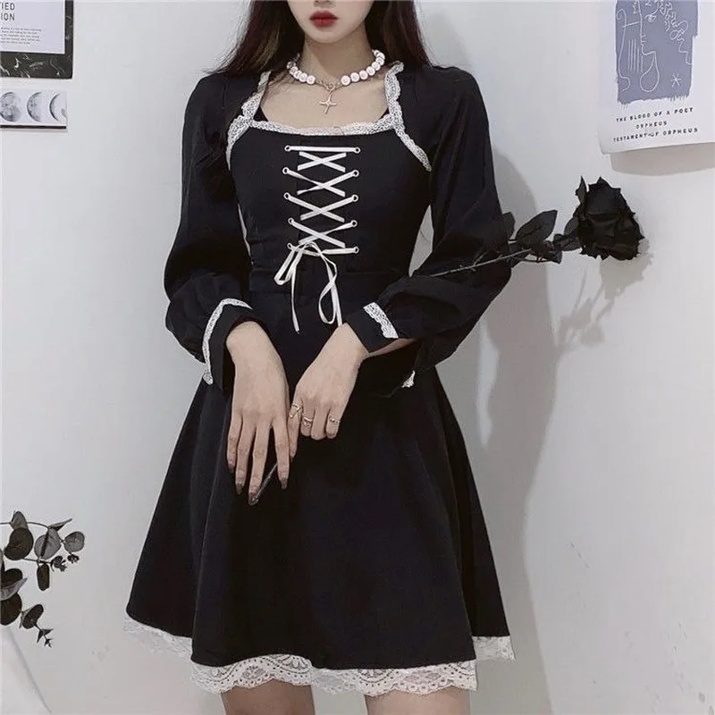 

2021 Japanese Gothic Women Black Mini Dress Square Collar Bandage Punk Style Halloween Dress Lace Ruffles Cosplay Costume Y172