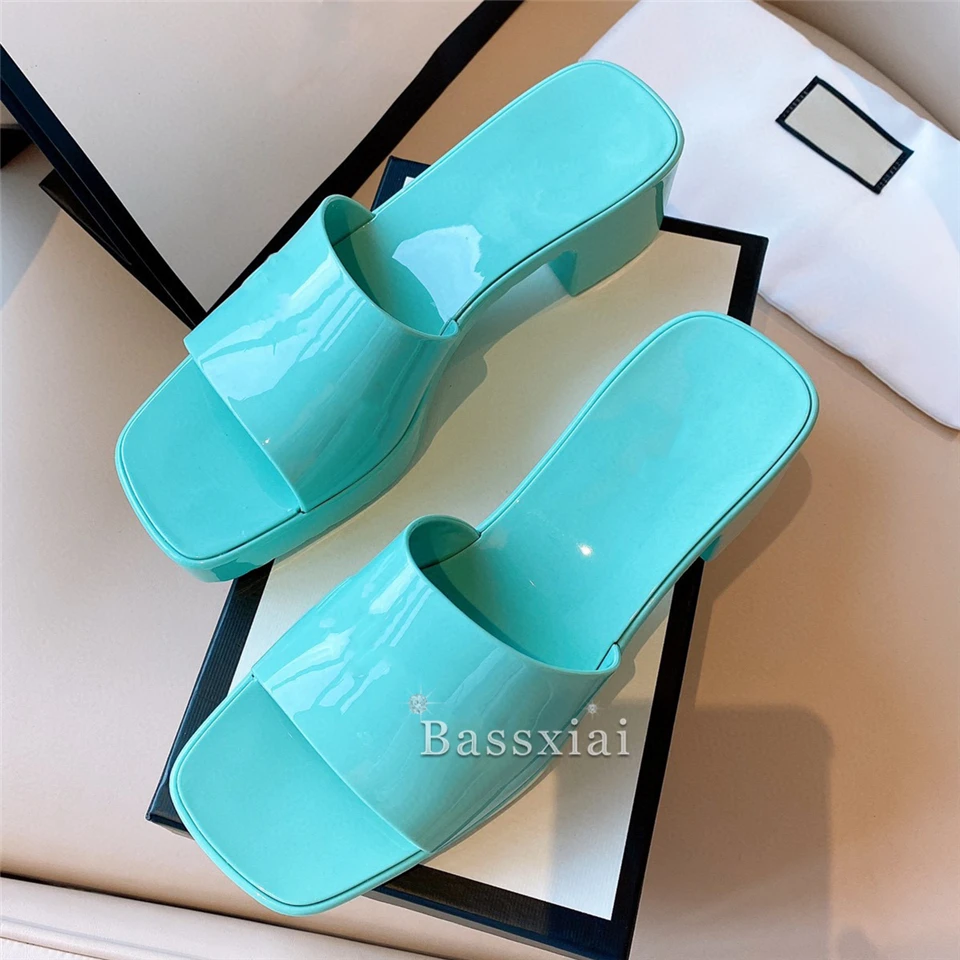 

Jelly Color Concise Summer Slip-On Lazyman Mules Lady Square Open Toe Platform Med Heel Outwear Slippers Women