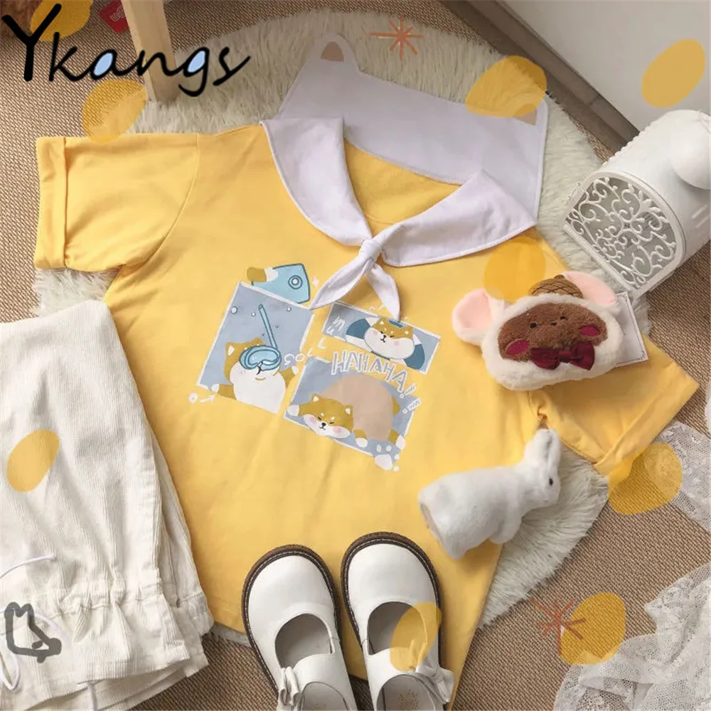 

Женская футболка с матросским воротником и принтом Шиба-ину, милая уличная одежда с коротким рукавом, темно-желтые летние новые мягкие топы ...