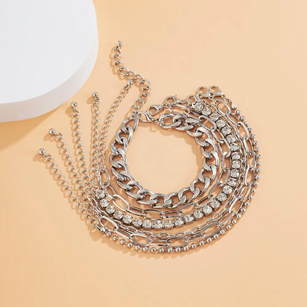 

IngeSight.Z 6Pcs/Set Gold Color Curb Cuban Bracelets Bangles Charm Rhinestone Crystal Wrist Chain for Women Jewelry Accessories