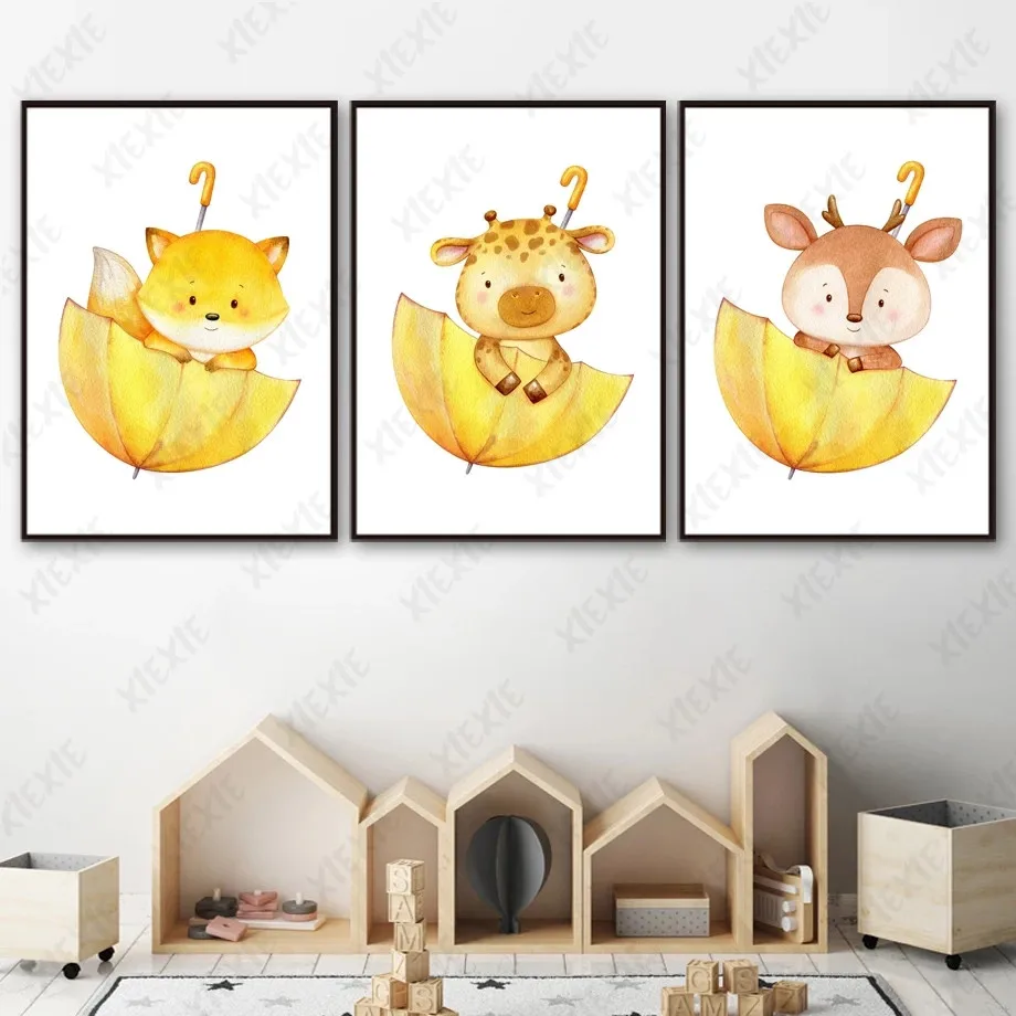 

Little Yellow Umbrella Canvas Painting Cute Animal Funny Poster Nordic Art Print Wallpaper Picture Craft Decoration Kid Room
