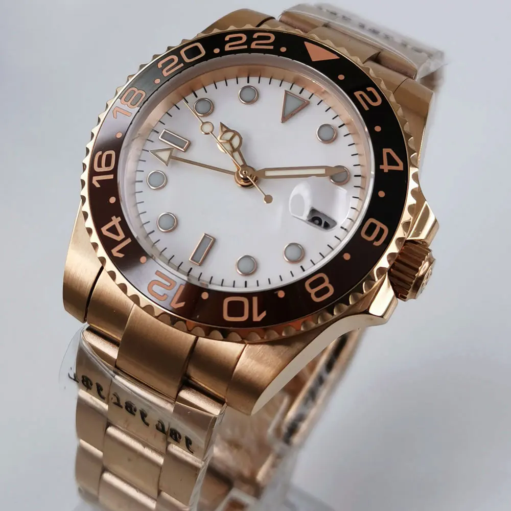 

40mm White Sterile Dial Sapphire Glass Rose Gold Ceramic Bezel GMT Date Automatic Mechanical Mens Watch