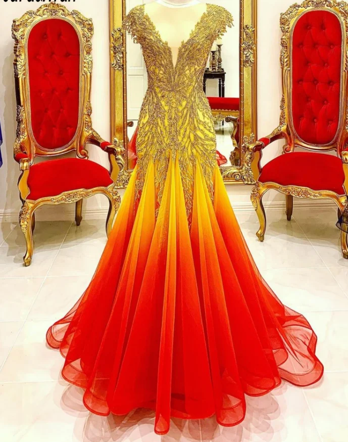 

Luxury Long Beaded Chiffon V-Neck Evening Dresses for Women Party Dress Sheer Neck Mermaid Engagement Prom Gowns abendkleider