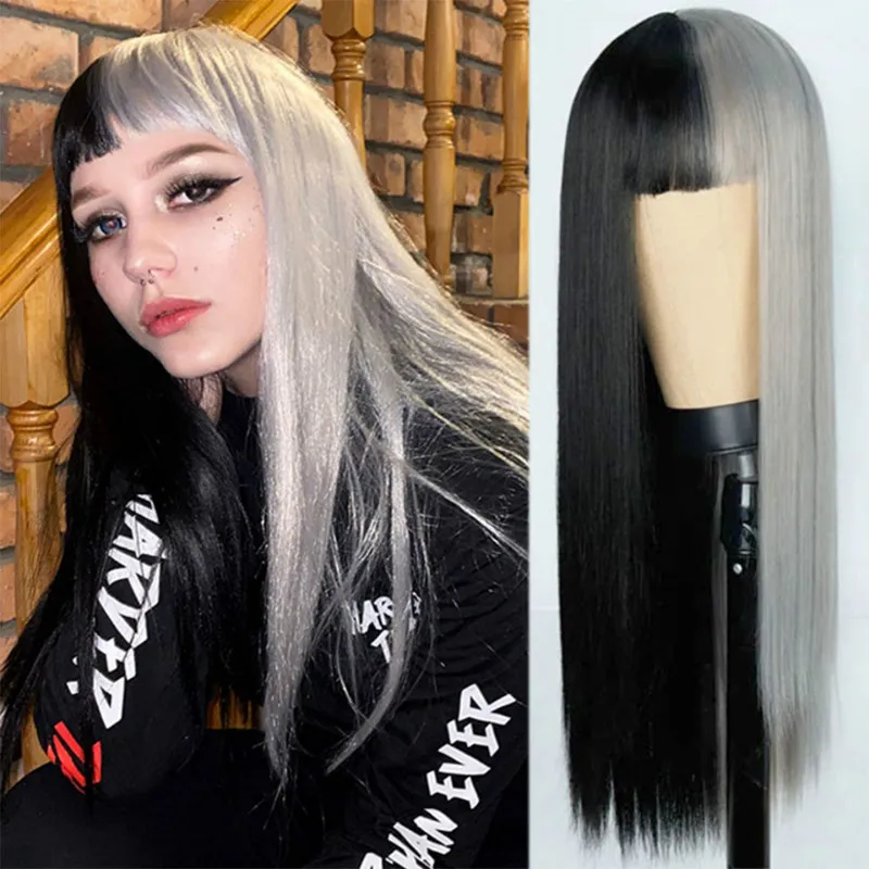

headband wig for women, Bobo wig,Colorful WIG, long straight hair, cosplay party costume WIG，Red-black/white-gray