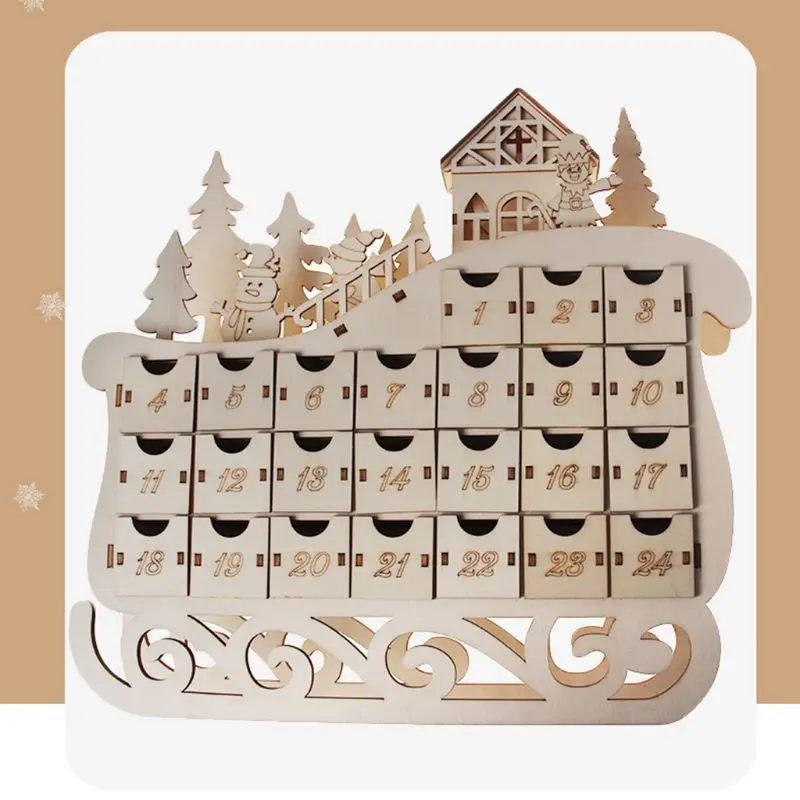 

2022 New Sleigh Wooden Advent Calendar Countdown Christmas Decor 24 Drawer with LED Light