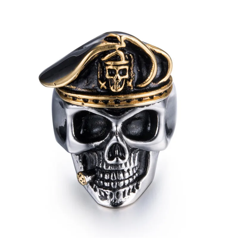 

FDLK Punk Carbide Ring for Men Smoking Skull Head Soldier Hat Ring Geometric Hyperbole Ring Men Finger Jewelry Size 7-13