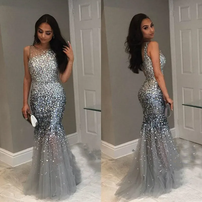 

Glittering Mermaid Prom Dresses Sheer Neck Sleeveless Crystal Beaded Tulle Mermaid Evening Dress Formal Gowns Vestido De Festa