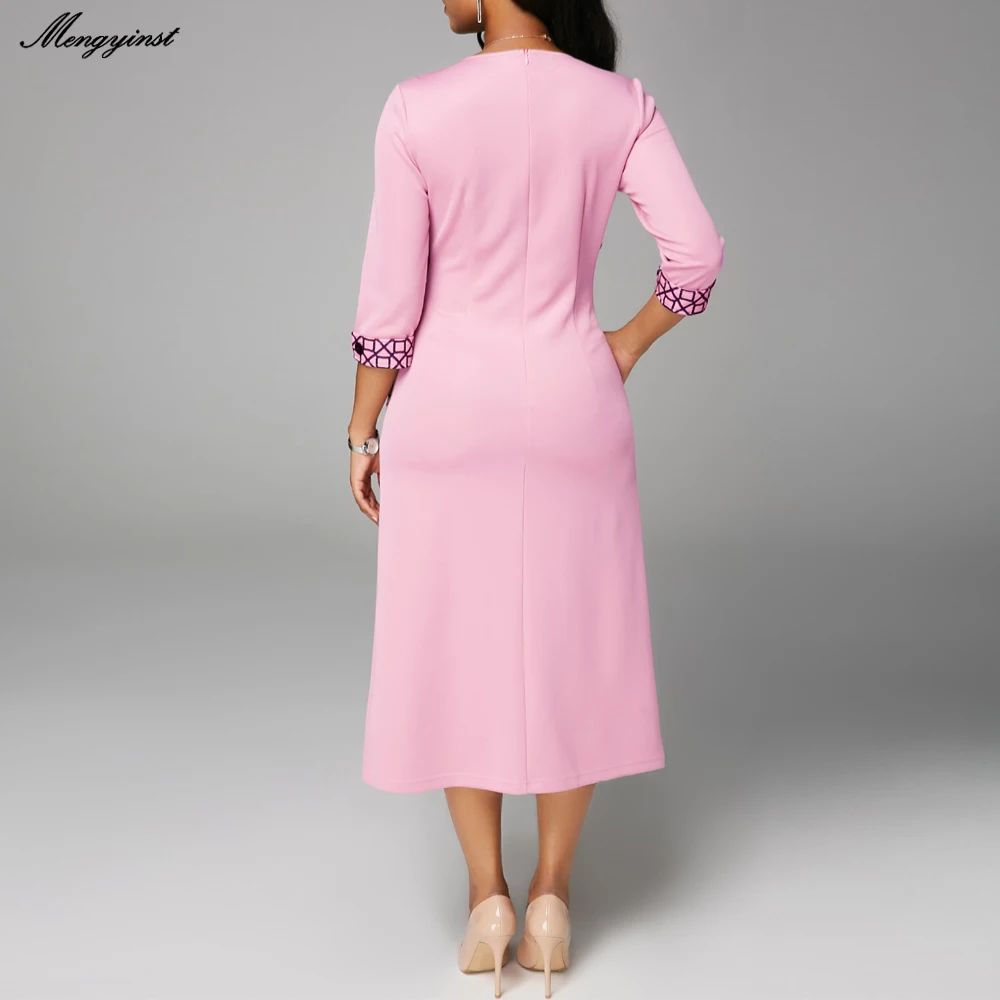 

Autumn Winter Dress Women 2019 Casual Plus Size Slim Office A Line Dresses Elegant Patchwork Sexy Long Party Dress Pink Vestidos
