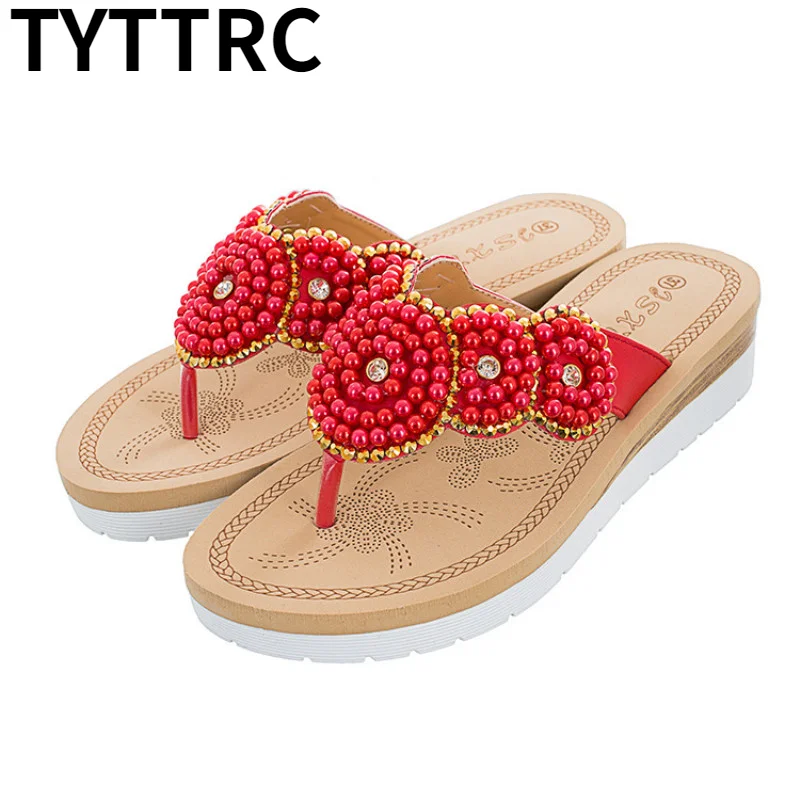 

1 Pair Outside Summer Cute Fashion Women Sandals Ladies Flip Flops Comfortable Leisure Pearl Beach Shoes Female Beauty Slippers