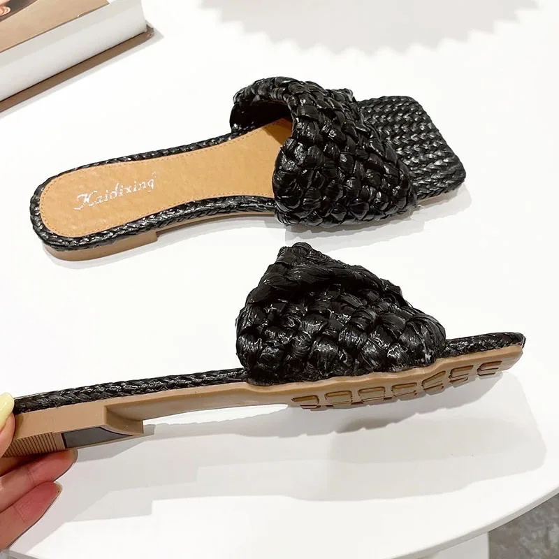 

2021 Fashion Square Toe Slippers Women Shoes Flat Heels Female Slide Purple Summer Cane Weave Sandal Ladise Casual Flip Flops
