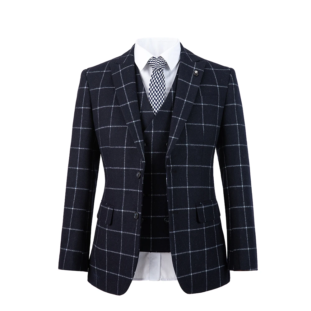 

Wool woolen Navy Blue windowpane overcheck woolen Tweed Men suit Blazers tailored made wedding men suits 3 Piece