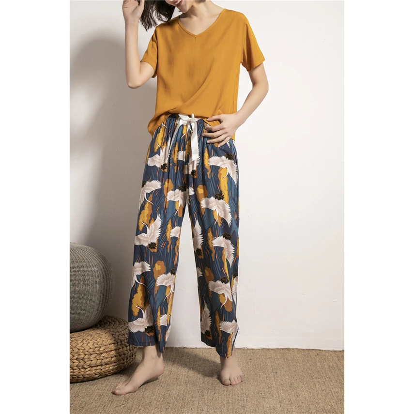 Пижама ночная рубашка одежда для сна с V образным вырезом брюки широкими