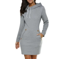 2021 autumn and winter ladies knee length dress hooded warm sweatshirt long sleeve camp collar pocket simple casual sports