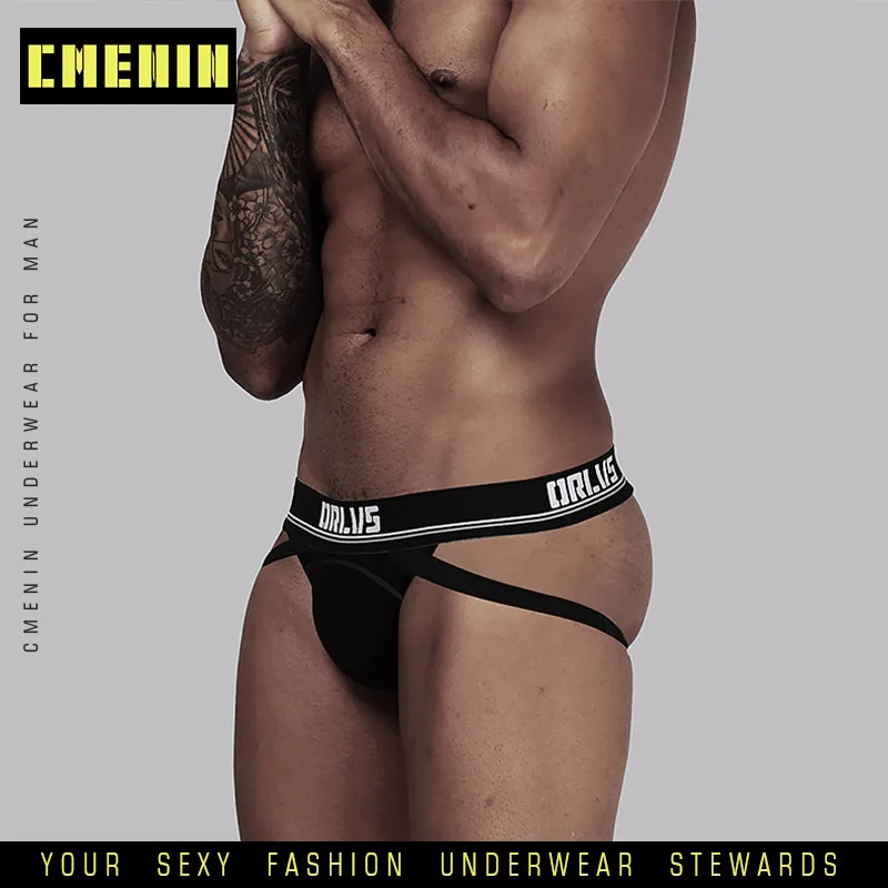 Мужские трусы стринги из дышащего хлопка черные однотонные с отделением для