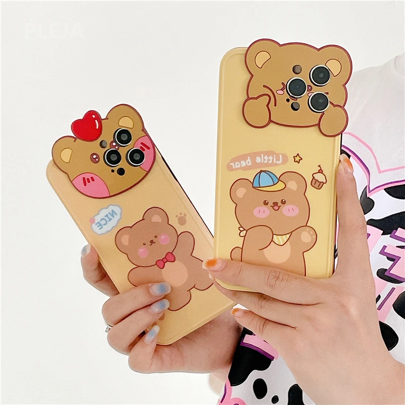 

Cute Cartoon Bear Camera Protection Phone Case for IPhone 12 Mini 11 Pro Max 7 8 Plus X XR XS Max SE 2020 12 Mini Soft Cover