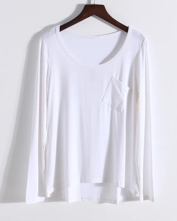 Модальный длинный рукав с круглым вырезом Однотонная футболка Весна Лето Новое