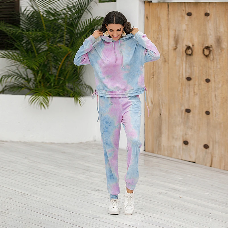 Костюм спортивный женский из 2 предметов худи и штаны с принтом тай-дай |