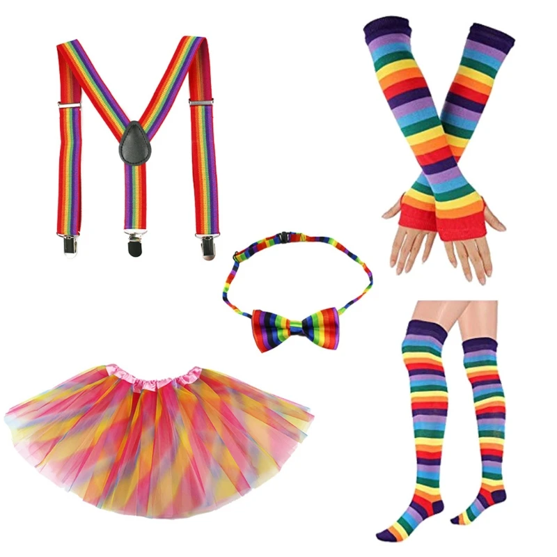 

Adult Kids 5 In 1 80s Costume Accessories Set Diagonal Rainbow Striped Tutu Skirt Gloves Long Socks Bowtie Suspenders