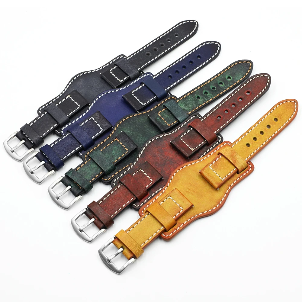 Genuine Leather Watch Band 20mm 22mm 24mm Silver Stainless Steel Buckle Vintage Cow Leather Watch  Strap for Panerai Watchband