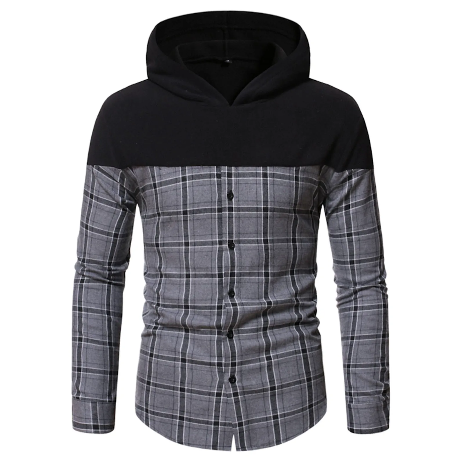 

Men's Casual Hoodie Color Block Checked Button Pullover Hooded Sweatshirt