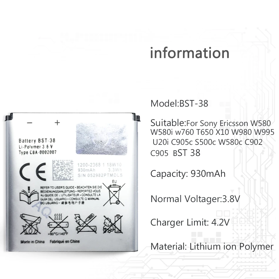 BST 38 аккумулятор для сотового телефона Sony Ericsson W580 W580i W760 T650 X10 W980 W995 U20i C905c S500c C905 930