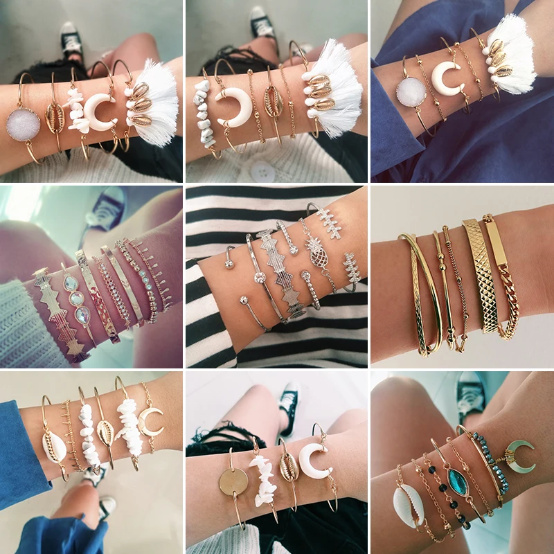 21 стиль Boho модный корпус сердце кристалл лист стрела крылья браслет-цепочка с бусинами набор для женщин Шарм пляжные вечерние ювелирные изделия аксессуары