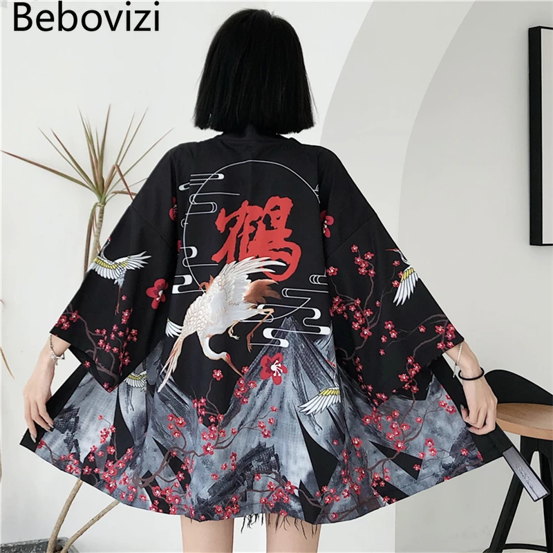 

Bebovizi Crane Cherry Blossoms Print Japanese Cardigan Kimono Harajuku Women Black Yukata Streetwear Traditional Haori Clothing