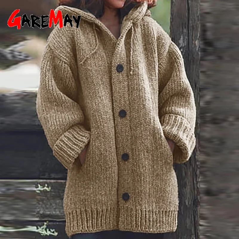 Кардиган с капюшоном оверсайз трикотажный свитер женский зимний Повседневный