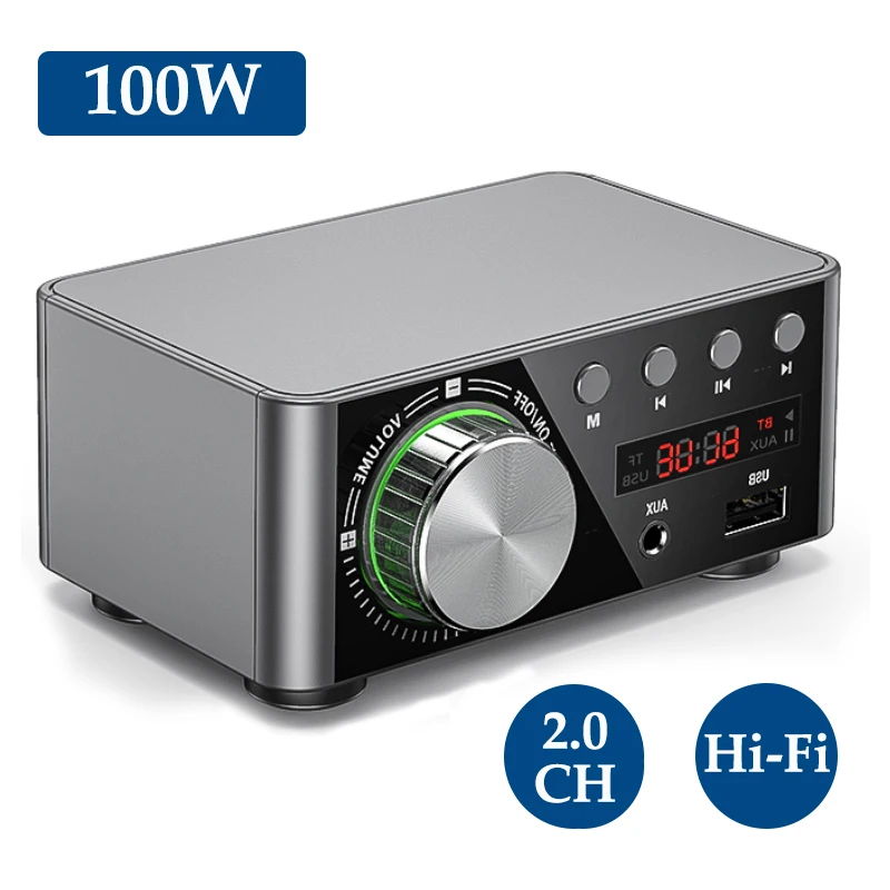 Цифровой усилитель Hi-Fi BT5.0 мини стерео аудио 100 Вт двухканальный USB AUX для