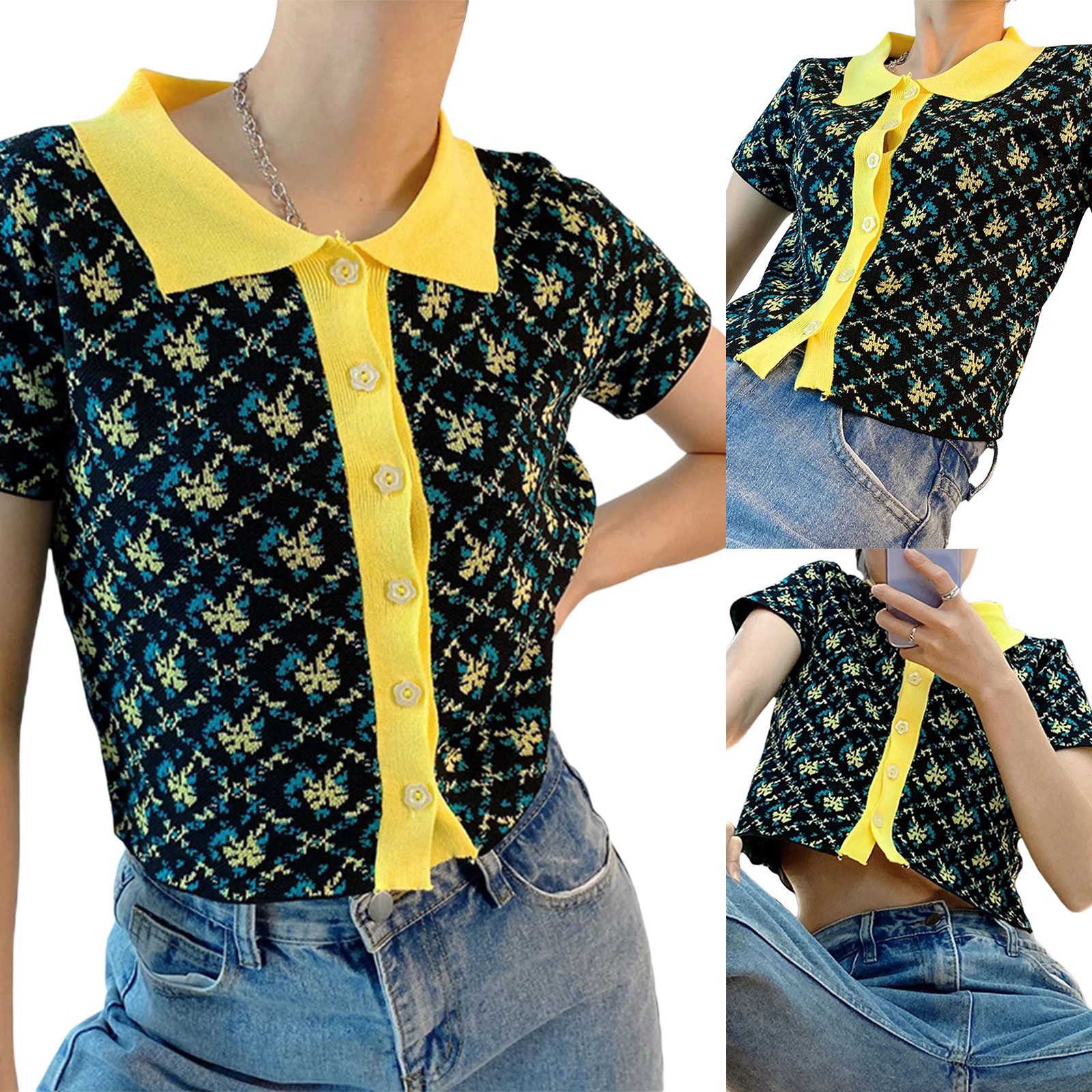 

Women's Button Down Knit Tops, Sexy Short Sleeve Floral Print Slim Fit Lapel T-Shirts