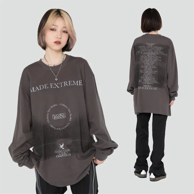 

Mens Letter Printed Retro T shirts Male O-neck Long Sleeve T-shirt Couple Tees Unisex Oversized 100%Cotton HipHop Loose Pullover