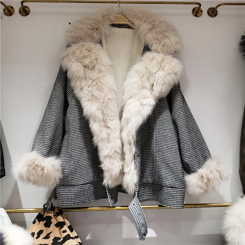 

Vintage Houndstooth Removable Big Fur Collar Winter 2022 Female Warm Parkas Imitation Rex Rabbit Fur Liner Women Plaid Outerwear