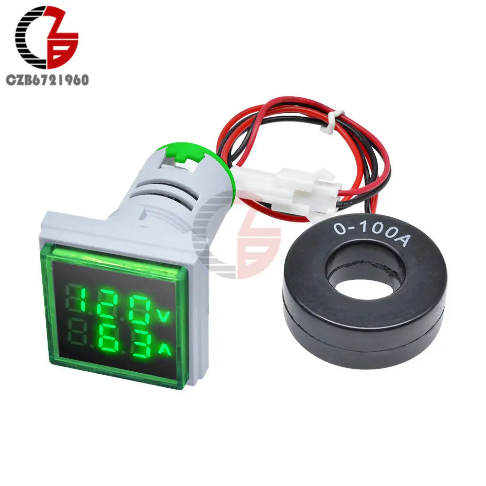 Green 22 мм AC 50-500 В 0-100A светодиодный цифровой вольтметр Амперметр квадратное напряжение измеритель тока детектор напряжения Тестер монитор 220 В 110 В - Цвет: Green