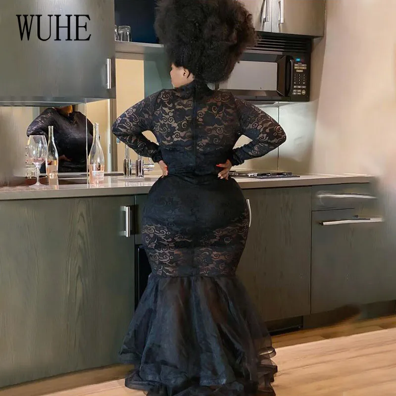 

WUHE Graceful Mermaid Dress O Neck Long Sleeve Hollow Out Patchwork Lace See Through GownCascading Ruffles Party Dresses