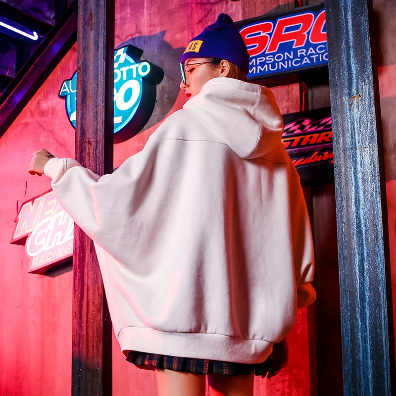 Autumn Jessica's Store Winter Women Casual Ultra Loose Batwing Sleeve Hooded Plus Velvet Warm Cotton Oversize White Chic Hoodies | Женская