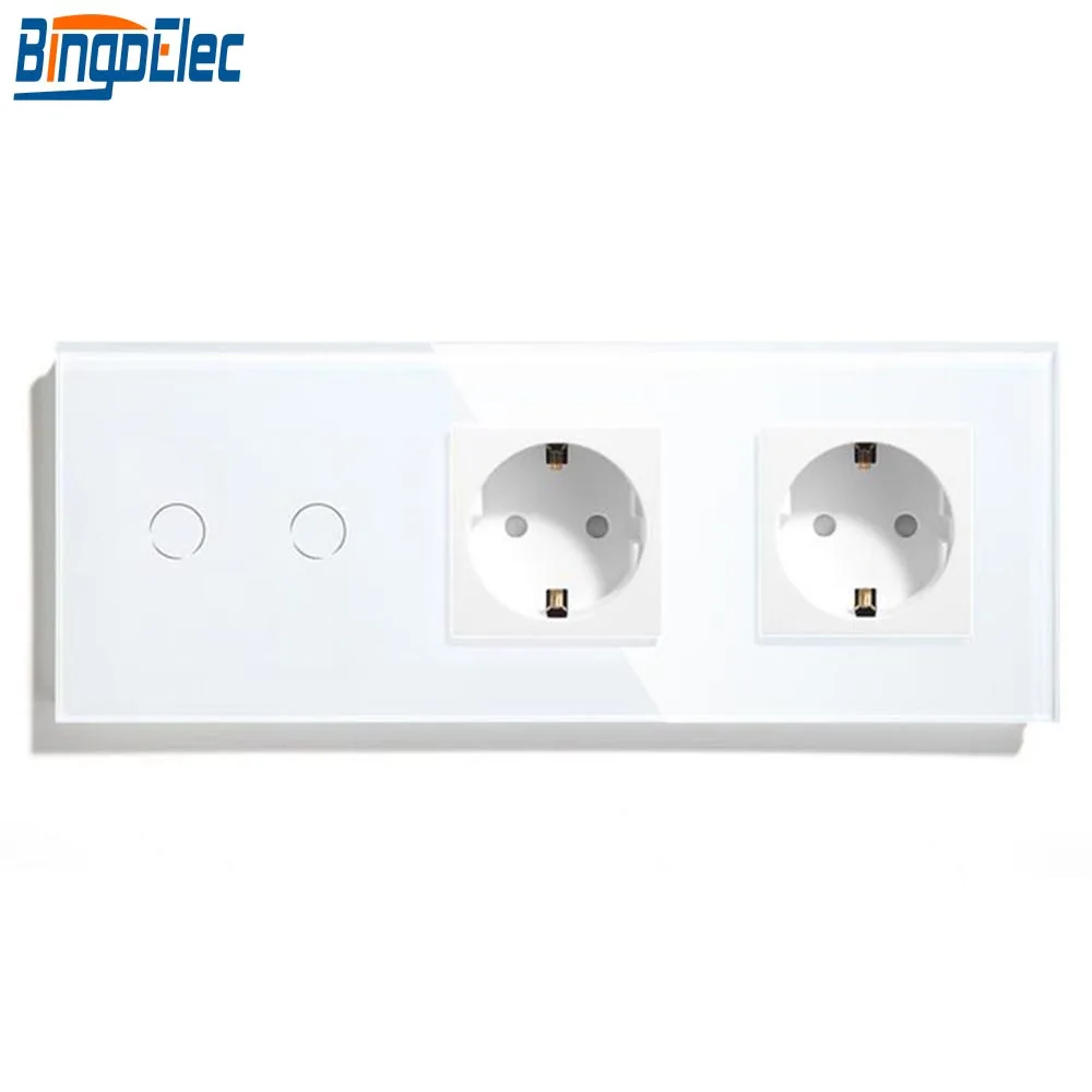 

Bingoelec 2Gang 1Way Light Switch With Double 16A Germany Socket White Black Crystal Glass Panel Wall Touch Switch 86*229mm 220V