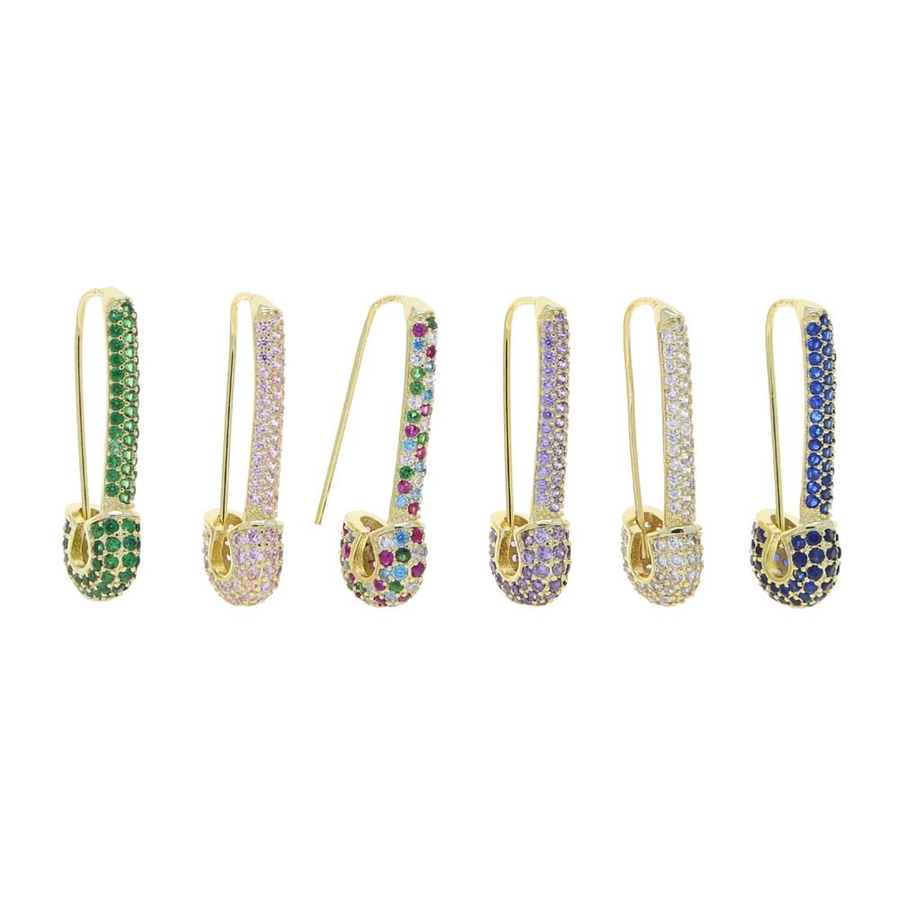 

2022 New Stylish Punk Paperclip Safety Pin Stud Earrings Glitter Rainbow Green Purple White Cz For Women Personality Earrings