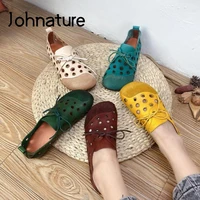 johnature women shoes summer sandals genuine leather lace up flat with 2021 new handmade concise leisure hollow ladies sandals