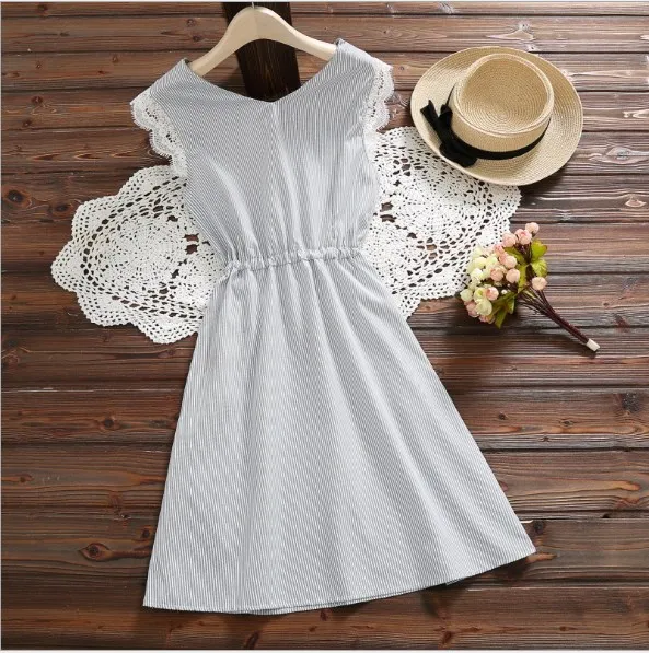 Новый школьный стиль Лето женское мини платье Полосатая туника без рукавов vestidos