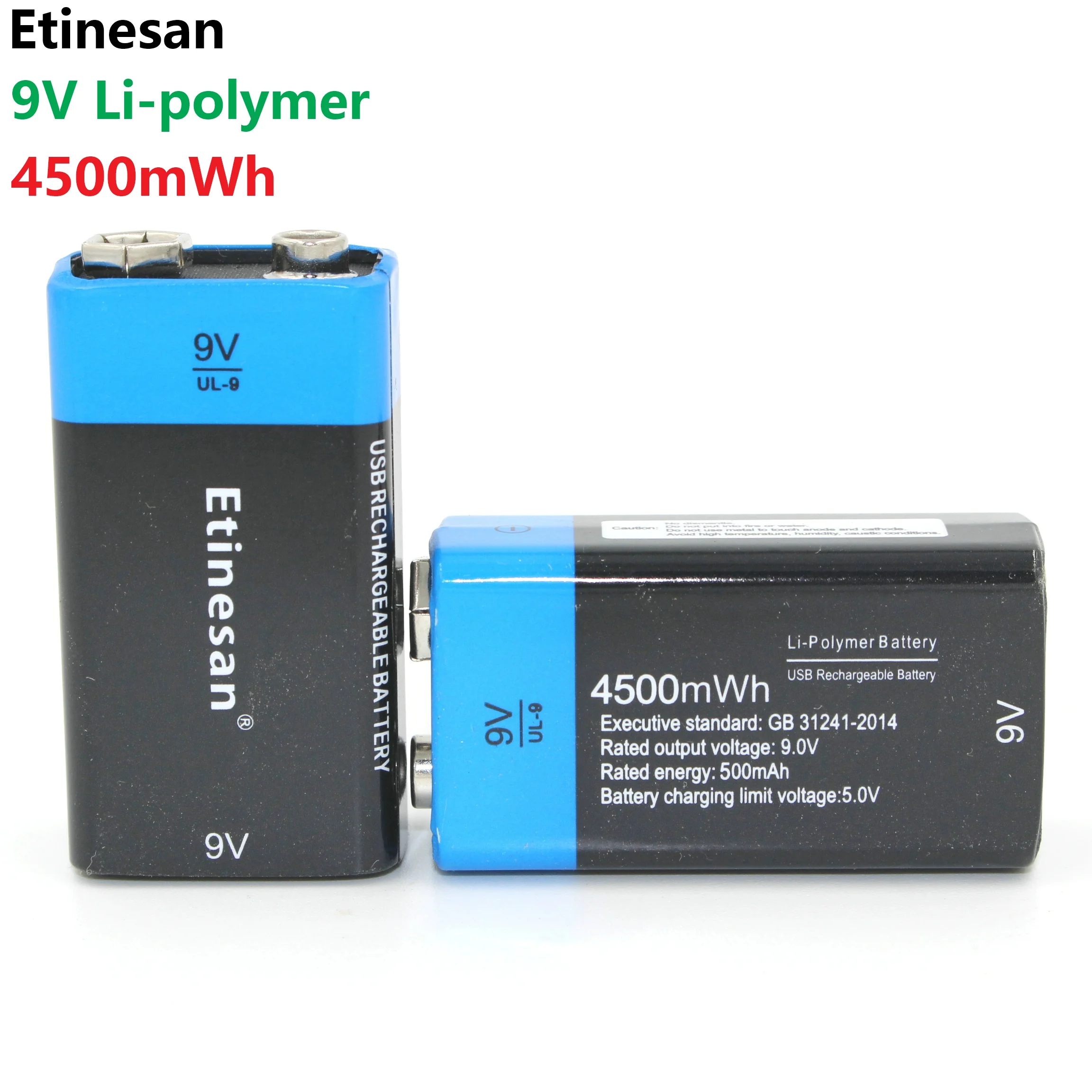 

Etinesan 2pcs Powerful USB Battery 6F22 9V Li-ion Lithium 500mAh Chemistry Rechargeable Battery For Electronic Instruments